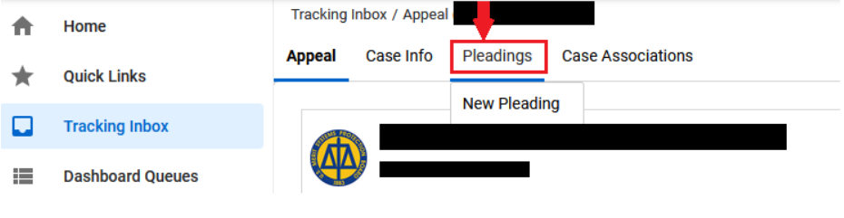 e-Appeal Pleadings menu